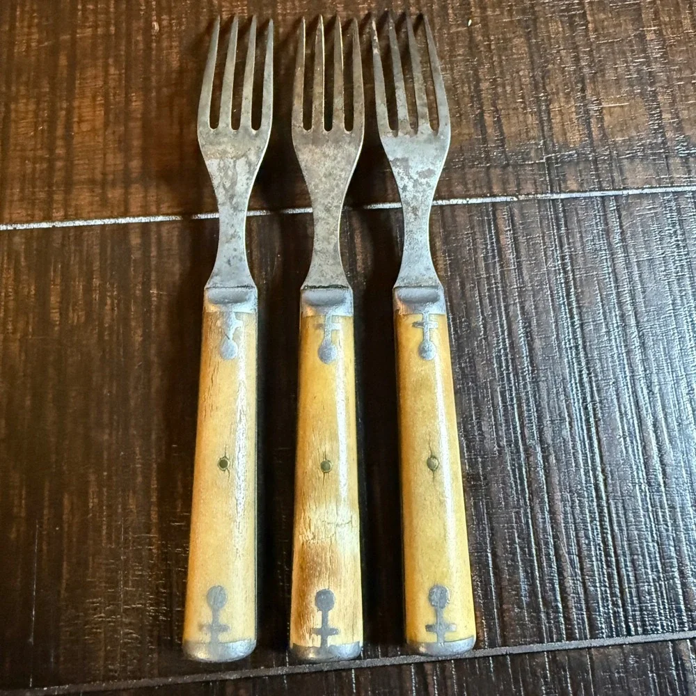 Antique Primitive Bone Handle Forks Set of 3 Pewter Inlay Rustic Flatware 7.25